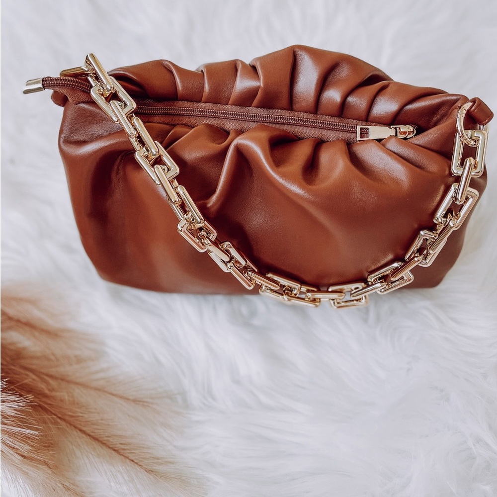 Brown gold chain ruched shoulder bag